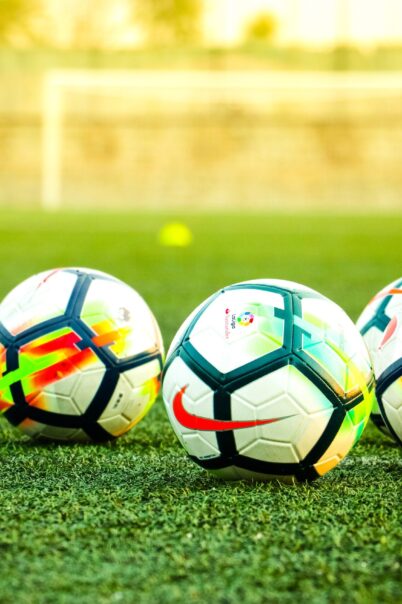 Soccer balls on a soccer field